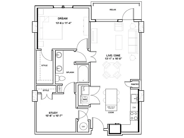 Floor plan for 1 bed, 1 bath, 903 sqft